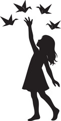 Girl catching falling origami birds silhouette vector