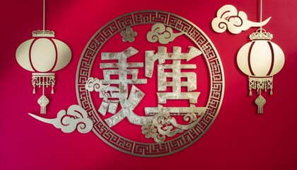 Generative AI illustration. Happy chinese new year with golden cloud, lantern, asian elements gold paper cut style on red Background
