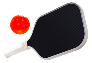 Black pickleball paddle with Red pickleball isolated on white with clipping path, modern sports equipment for pickleball training and gameplay PNG file.