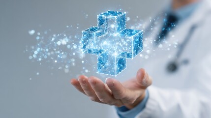 A digital representation of a glowing health symbol in a doctor's hand, symbolizing innovation in healthcare and technology.