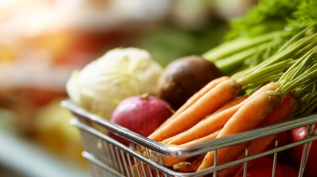 Colorful selection of fresh vegetables fills a shopping cart at a busy grocery store. Bright carrots, radishes, and aromatic herbs showcase nature's bounty for health-conscious shoppers