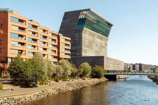 Modern Oslo landmark Munch Museum by river on sunny summer day