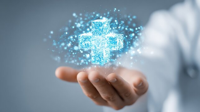 A hand holding a glowing, digital medical cross symbol, representing health, technology, and innovation in healthcare.