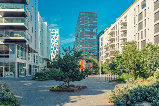 Modern Oslo Barcode buildings with trees on a sunny summer day