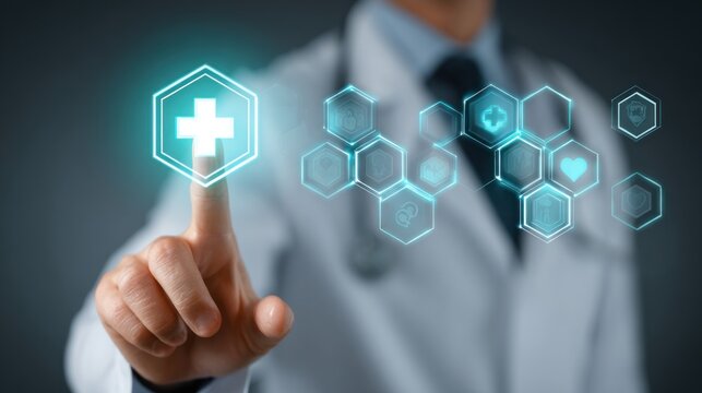 A healthcare professional interacts with digital health icons, symbolizing modern medical technology and patient care.