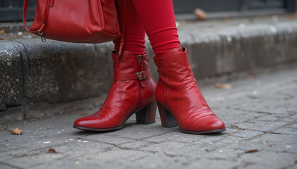 Woman walking in red boots with suitcase on city street