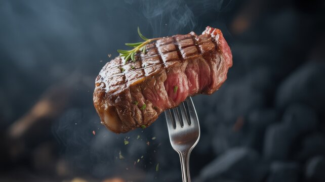 Grilled steak on a fork with smoke rising from it, ready to be served