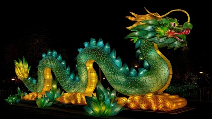 Fototapeta premium Colorful dragon lantern shines at nighttime festival