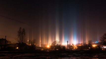 Light pillars glow in the winter night