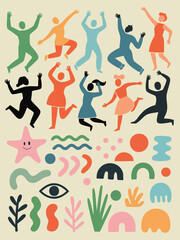 Flat People Dancing Vector Set with Abstract Shapes