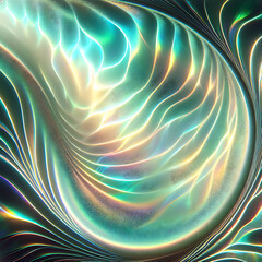 Shiny green holographic background with iridescent, fluid and flowing lines, abstract wave texture, dreamy, ethereal, shimmering, delicate gradients, copy space