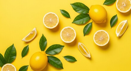 Fresh lemons with green leaves arranged on vibrant yellow surface