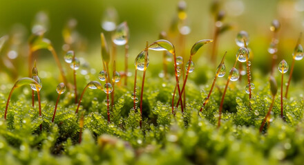 Macro photograph of vibrant green moss adorned with shimmering dew drops, illustrating the delicate beauty and intricate texture of nature's tiny wonders