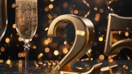 Golden number 25 with sparkling confetti and a champagne glass, creating an elegant celebration scene with warm bokeh lights. - Powered by Adobe