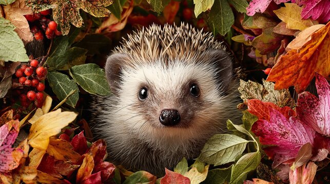 Adorable hedgehog nestled among colorful autumn leaves, a heartwarming seasonal image that captures the beauty and charm of wildlife in fall