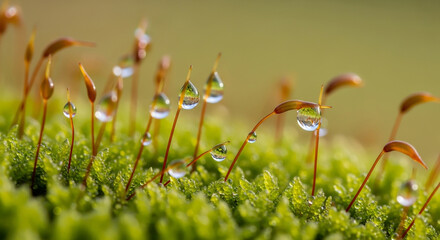 Macro shot of water droplets clinging to the tips of moss sporophytes, showcasing intricate details of nature's delicate beauty after a rain