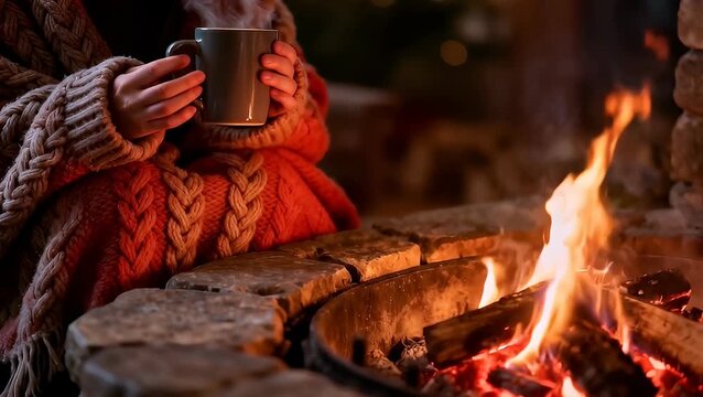 Cozy person in warm blanket holding steaming mug by outdoor fire pit during winter evening