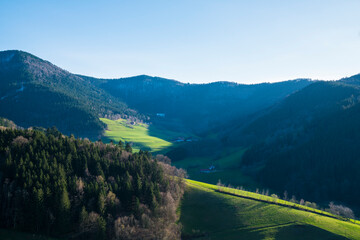 Germany, Beautiful black forest schwarzwald nature landscape panorama, green trees mountains hiking tourism destination in winter with a little snow