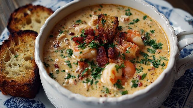 Indulge in creamy shrimp chowder with crispy bacon and toasted bread, a comforting and flavorful seafood culinary delight