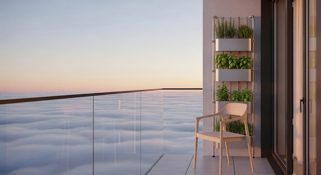 Modern balcony offering a breathtaking sunrise view above a sea of clouds, with a comfortable chair and vibrant vertical herb garden, a peaceful elevated sanctuary