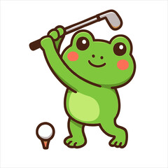 Cute Frog Playing Golf Flat Vector Logo Illustration with Golf Ball