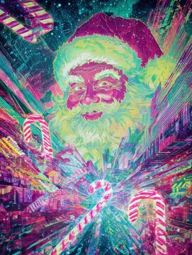 dayglo neon santa, glowing candy canes, cyberpunk snowstorm, surreal holiday explosion, cinematic poster energy