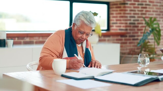 Writing, paperwork and senior woman in home for planning budget, pension fund and bills in morning. Contract, title deed and elderly person with filling documents for retirement application in house.