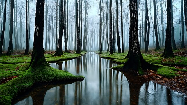Mysterious foggy forest exploration serene woodland stream nature photography tranquil environment scenic viewpoint enigmatic atmosphere