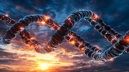 Glowing DNA Helix Against Vibrant Sunset Sky