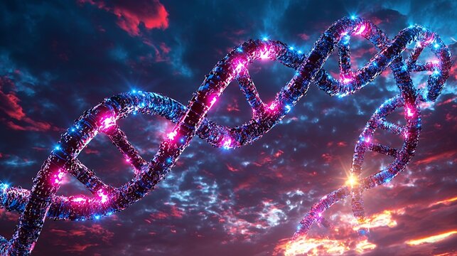 Glowing DNA Helix in a Vibrant Sunset Sky