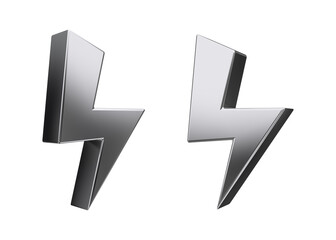 Silver flash bolt icons set. Lightning or thunder isolated. Symbol of energy, danger and power 3d rendering.