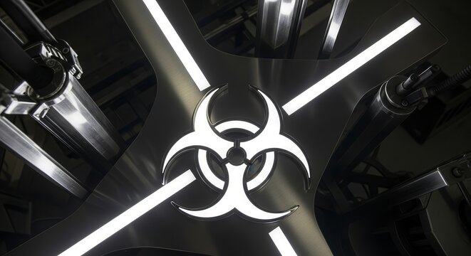 Biohazard Symbol Centered In Futuristic Design With Illuminated Elements For Safety