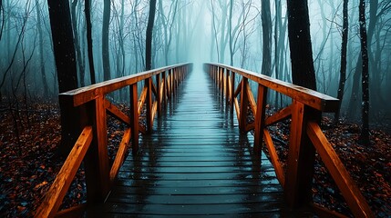 Serene foggy bridge scene in forest nature photography tranquil environment atmospheric mood