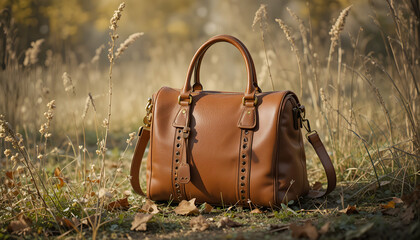Vintage leather bag and suitcase on grass