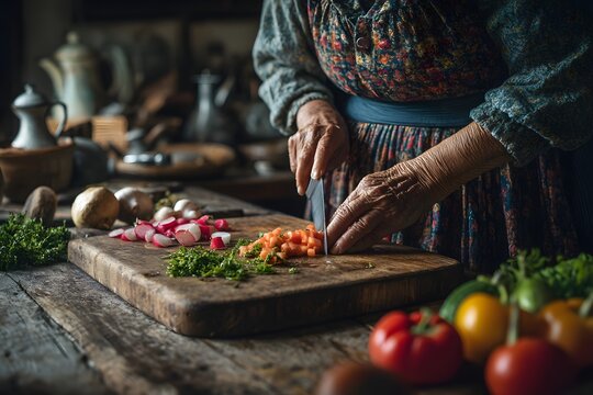 Woman is cutting vegetables on a wooden cutting board. The vegetables include carrots, tomatoes, and onions. The scene is set in a kitchen, and the woman is focused on her task