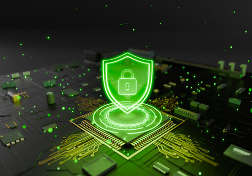 Cyber Shield: A glowing digital shield, emblazoned with a lock, symbolizes cyber protection on a circuit board, representing the modern defense of data and systems.