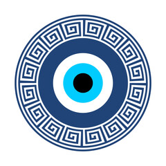 Greek eye. Blue Nazar amulet. Traditional evil eye protection symbol. Greek-style geometric border. Suitable for cultural designs, decor elements, icons, mascots, and spiritual themed projects. Vector