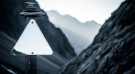 Blank Road Sign Amidst Majestic Mountains and a Stone Stack