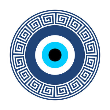 Greek eye. Blue Nazar amulet. Traditional evil eye protection symbol. Greek-style geometric border. Suitable for cultural designs, decor elements, icons, mascots, and spiritual themed projects. Vector