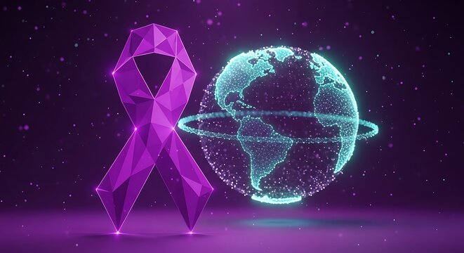 Global Cancer Awareness Illustration with Purple Ribbon and Digital Globe Shining a Light on Worldwide Support and Research for Improved Healthcare