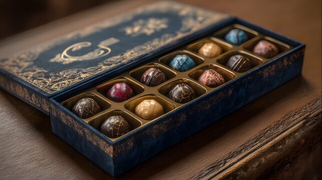 Box of assorted chocolates sits on a table. The box is blue and has gold lettering. The chocolates are in individual wrappers and are arranged in rows. Concept of indulgence and luxury