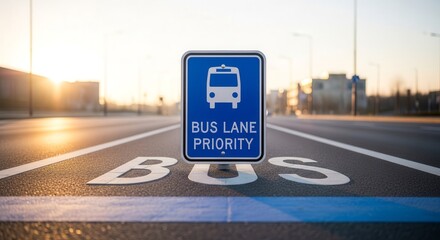 Bus Lane Priority Signage on Asphalt Roadway During Sunrise or Sunset Conditions