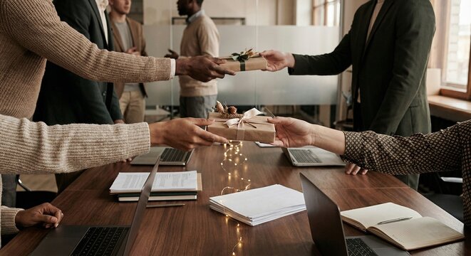 Coworkers exchange wrapped gifts across a conference table. Team bonding, holiday season at work, warm natural light and modern office setting.