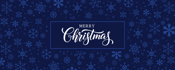 Luxury Christmas vector banner featuring white "Merry Christmas" script calligraphy inside a dark blue border rectangle, set over a deep navy background with a seamless pattern of blue snowflakes. Ele