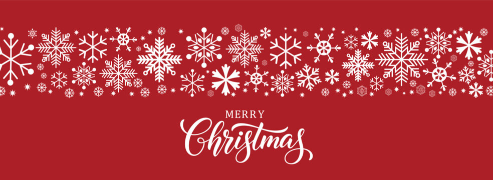 Horizontal Christmas banner with a border of white snowflakes along the top and "Merry Christmas" script calligraphy below, set on a red background. Winter vector design template for