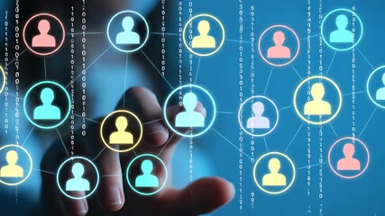 Abstract social network graphic shows connecting people with glowing figures on blue background. Illustration of digital technology, internet, global communication and modern design. - Powered by Adobe