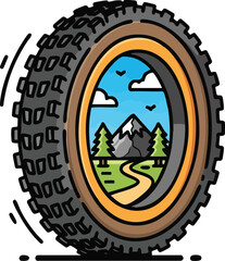 Mountain Bike Tire Framing A Serene Landscape Scene With Trees And Mountains Under Blue Sky