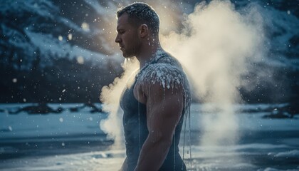 Athletic man, focused mood, standing in snow, winter landscape with mist