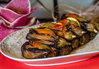 Mediterranean cuisine, olive oil, healthy and delicious  salad varieties with green vegetables.Vegetarian and vegan healty food, open buffet in a luxury hotel. Meze varieties, salad bar.