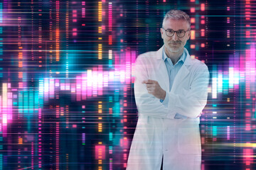 Doctor in lab coat with digital DNA visualization and data analysis